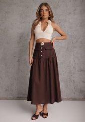 Brązowa Elegancka Spódnica z Wiskozą i Lnem o Rozkloszowanym Kroju Phridoe. Brązowe spódniczki damskie Renee, m, bez wzorów, ze lnu, eleganckie, maxi, rozkloszowane. Za 119.99 zł.