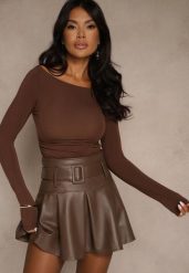 Brązowa Marszczona Bluzka z Wiskozą Fizzasa. Brązowe bluzki damskie Renee, l, bez wzorów, z jeansu, eleganckie, bez kołnierzyka, bez ramiączek. Za 59.99 zł.