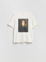 T-shirt z nadrukiem - złamana biel. T-shirty damskie Reserved, l, bez wzorów, z bawełny, bez kołnierzyka. W wyprzedaży za 39.99 zł.