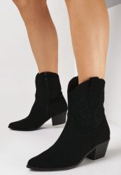 Czarne Botki Kowbojki na Stożkowym Obcasie z Haftowaną Cholewką Lindoria. Czarne botki damskie Born2be, bez obcasa, na obcasie, bez zapięcia. Za 149.99 zł.