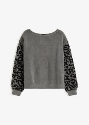 Sweter w cętki leoparda. Szare swetry klasyczne damskie bonprix, bez kołnierzyka. Za 129.99 zł.