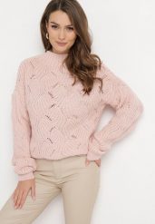 Różowy Luźny Sweter w Ozdobny Splot Ujuvertta. Czerwone swetry klasyczne damskie Born2be, z dzianiny, bez kołnierzyka. Za 84.99 zł.