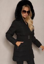Czarna Kurtka z Kapturem i Paskiem Ozdobiona Futerkiem i Pikowaniem Dailrnne. Czarne kurtki damskie Renee, l, bez wzorów, z futra, z kapturem. Za 229.99 zł.