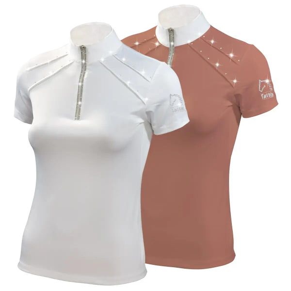 Koszulka polo do jazdy konnej z ozdobą lurex dla kobiet Tattini. Czerwone bluzki sportowe damskie TATTINI, l, z materiału, bez kołnierzyka, bez ramiączek. Za 341.00 zł.
