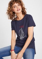 T-shirt bawełniany z rozcięciem z boku i nadrukiem. Białe t-shirty damskie bonprix, bez wzorów, z bawełny, bez kołnierzyka. Za 64.99 zł.