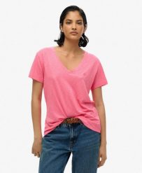 Superdry Damski T‑shirt z dekoltem V Slub z haftem – Azalea Pink. Czerwone t-shirty damskie Superdry., bez wzorów, z bawełny, bez kołnierzyka. Za 128.65 zł.