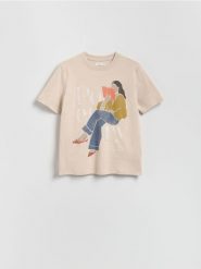 T-shirt z nadrukiem - beżowy. Brązowe t-shirty damskie Reserved, l, bez wzorów, z bawełny, bez kołnierzyka. Za 49.99 zł.
