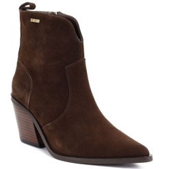Skórzane botki damskie ocieplane kowbojki brązowe Big Star SS274473. Brązowe botki damskie Big Star, ze skóry, retro, bez obcasa, bez zapięcia. Za 269.99 zł.