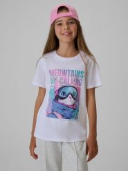 4F T-shirt regular z nadrukiem dziewczęcy - biały 134 (8-9 lat). Białe koszulki dziewczęce 4f, l, bez wzorów, z bawełny, bez ramiączek. Za 49.99 zł.