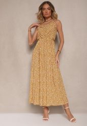 Żółta Rozkloszowana Sukienka z Bawełny na Ramiączkach Jenarissea. Żółte sukienki damskie Renee, na wesele, l, bez wzorów, z bawełny, eleganckie, bez kołnierzyka, bez ramiączek, maxi, kopertowe. W wyprzedaży za 38.49 zł.