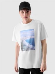 4F T-shirt oversize z nadrukiem męski - biały M. Białe t-shirty męskie 4f, m, bez wzorów, z bawełny, bez kołnierzyka. W wyprzedaży za 29.99 zł.