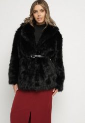 Czarna Elegancka Kurtka Futerko z Paskiem z Klamrą Gonne. Czarne kurtki damskie Born2be, l, bez wzorów, z futra, bez kaptura. Za 259.99 zł.