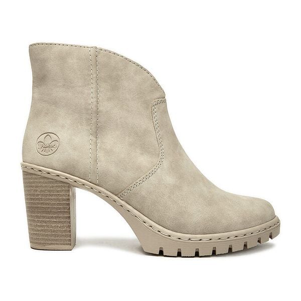 Botki Rieker. Brązowe botki damskie Rieker, bez obcasa, na słupku, bez zapięcia. Za 229.99 zł.