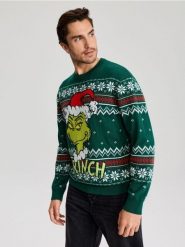 Sweter świąteczny z bawełną Grinch - zielony. Zielone swetry męskie Sinsay, l, bez wzorów, z bawełny, bez kołnierzyka. Za 69.99 zł.