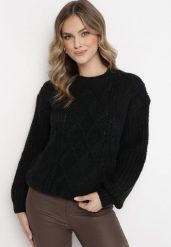 Czarny Sweter z Ozdobnym Splotem Pogaria. Czarne swetry klasyczne damskie Born2be, m, z jeansu, bez kołnierzyka. Za 74.99 zł.