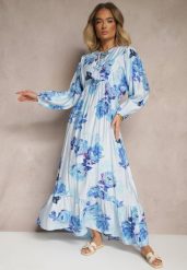Niebieska Sukienka z Wiskozą o Rozkloszowanym Kroju w Kwiatowy Print Ridiorielle. Niebieskie sukienki damskie Renee, na co dzień, l, z aplikacjami, z jeansu, bez kołnierzyka, bez ramiączek, maxi, kopertowe. W wyprzedaży za 135.99 zł.