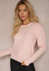 Różowy Sweter Zakończony Ściągaczem z Perłami Miarina. Czerwone swetry klasyczne damskie Renee, na jesień, z jeansu, bez kołnierzyka. Za 119.99 zł.