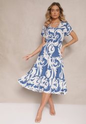 Niebieska Bawełniana Sukienka z Abstrakcyjnym Motywem i Guzikami Talivea. Niebieskie sukienki damskie Renee, na co dzień, na lato, l, bez wzorów, z bawełny, eleganckie, bez kołnierzyka, bez ramiączek, midi, proste. W wyprzedaży za 41.99 zł.