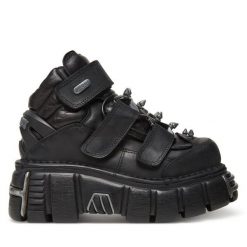Botki NEW ROCK. Czarne botki damskie NEW ROCK, rockowe, bez obcasa, na koturnie, bez zapięcia. Za 1,659.00 zł.