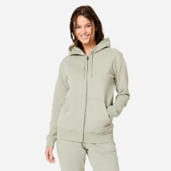 Bluza na zamek damska Domyos Gym & Pilates. Zielone bluzy bez kaptura damskie NYAMBA, m, bez wzorów, z bawełny, bez ramiączek, bez kaptura. Za 119.99 zł.