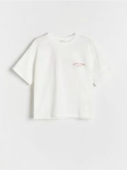 Bawełniany t-shirt z nadrukiem - złamana biel. Koszulki dziewczęce Reserved, bez wzorów, z bawełny, bez ramiączek. W wyprzedaży za 17.99 zł.
