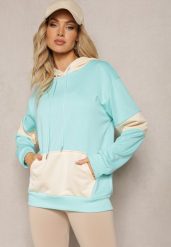 Jasnoniebieska Oversizowa Bluza Typu Kangurka z Szeroką Kieszenią i Kapturem Iretha. Niebieskie bluzy z kapturem damskie Renee, l. Za 44.99 zł.