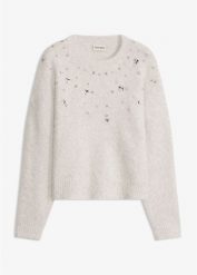 Sweter z aplikacją i domieszką wełny. Szare swetry klasyczne damskie bonprix, z wełny, bez kołnierzyka. Za 159.99 zł.