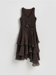 Sukienka z falbanami - ciemnobrązowy. Brązowe sukienki damskie Reserved, na co dzień, l, bez wzorów, z lyocellu, bez kołnierzyka, bez ramiączek, proste. Za 259.99 zł.