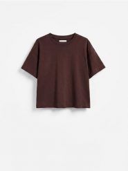 Dzianinowy t-shirt z bawełną - ciemnobrązowy. Brązowe t-shirty damskie Reserved, l, bez wzorów, z bawełny, bez kołnierzyka. Za 59.99 zł.