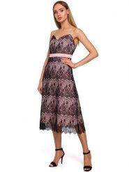 Made of emotion Sukienka w kolorze jasnoróżowo-czarnym rozmiar: XXL. Czarne sukienki damskie Made Of Emotion, xxl, bez wzorów, z koronki, bez kołnierzyka, bez ramiączek, midi, rozkloszowane. Za 64.99 zł.