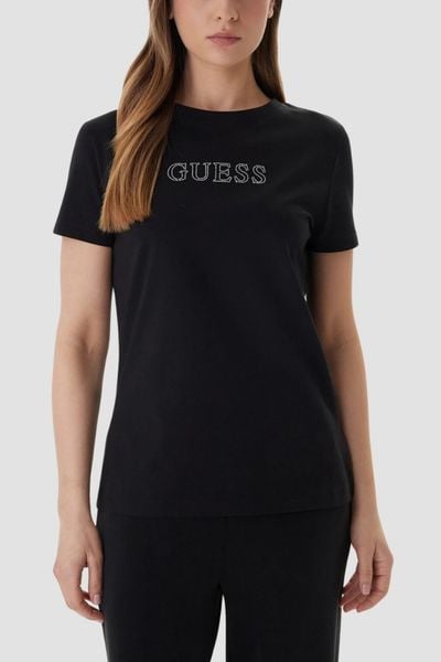 GUESS Czarny damski t-shirt na krótki rękaw z cyrkoniami Briana, Rozmiar XS. Czarne t-shirty damskie Guess, xs, z aplikacjami, bez kołnierzyka. W wyprzedaży za 89.99 zł.
