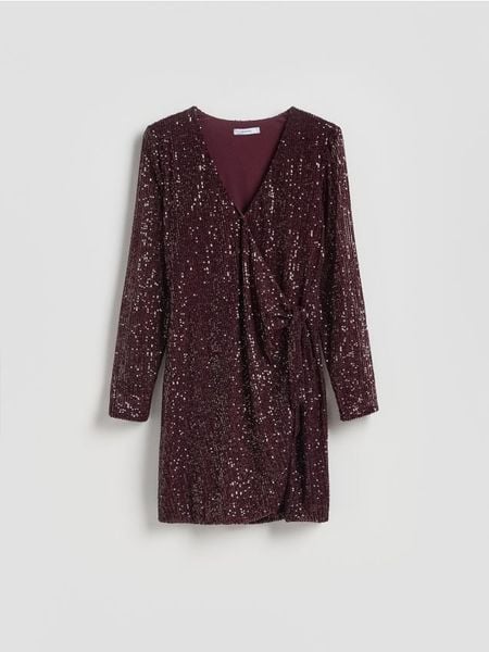 Cekinowa sukienka mini - mahoniowy. Brązowe sukienki damskie Reserved, na co dzień, l, bez wzorów, z tkaniny, bez kołnierzyka, bez ramiączek, mini, proste. Za 139.99 zł.