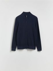 Rozpinany sweter ze stójką - granatowy. Niebieskie kardigany męskie Reserved, l, bez wzorów, z bawełny, bez kołnierzyka. Za 159.99 zł.