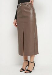 Brązowa Długa Spódnica High Waist z Imitacji Skóry z Dodatkowym Paskiem i Rozcięciem Wyneti. Brązowe spódniczki damskie Born2be, l, bez wzorów, ze skóry, eleganckie, z podwyższonym stanem, maxi, koszulowe. Za 159.99 zł.