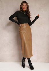 Beżowa Ołówkowa Spódnica Maxi z Ekoskóry i Paskiem Evell. Brązowe spódniczki damskie Renee, s, z aplikacjami, eleganckie, z podwyższonym stanem, maxi, ołówkowe. Za 89.99 zł.