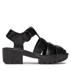 Sandały Fly London. Czarne sandały damskie Fly London, bez wzorów, bez obcasa, na słupku. Za 349.99 zł.