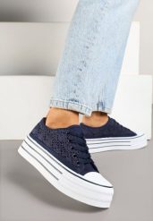 Granatowe Trampki na Grubej Podeszwie z Ażurową Cholewką Felariona. Niebieskie trampki i tenisówki damskie Born2be, w ażurowe wzory, z jeansu. Za 79.99 zł.