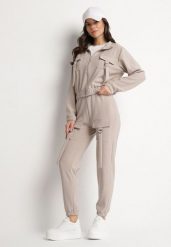 Beżowy Komplet Dresowy Bluza Rozpinana i Spodnie Slim w Stylu Utility Telavienna. Brązowe bluzy bez kaptura damskie Born2be, m, z dresówki. Za 84.99 zł.
