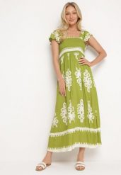 Zielona Boho Sukienka z Wiskozy na Szerokich Ramiączkach z Gumkami w Pasie i Falbanką Cleria. Zielone sukienki damskie Born2be, na co dzień, m, bez wzorów, z wiskozy, boho, bez kołnierzyka, bez ramiączek, maxi, kopertowe. W wyprzedaży za 95.99 zł.