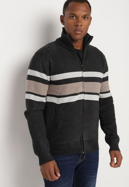 Czarno-Brązowy Kardigan z Wełną na Suwak w Paski Ettessa. Czarne kardigany męskie Born2be, m, z aplikacjami, z wełny, eleganckie, bez kołnierzyka. Za 94.99 zł.