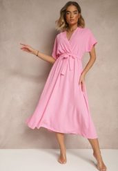 Różowa Rozkloszowana Sukienka z Gumką w Talii i Wiązaniem Sepenira. Czerwone sukienki damskie Renee, na co dzień, xs, bez wzorów, z jeansu, eleganckie, bez kołnierzyka, bez ramiączek, maxi, kopertowe. W wyprzedaży za 71.99 zł.