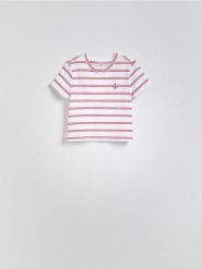 T-shirt w paski - czerwony. Czerwone t-shirty damskie Reserved, l, bez wzorów, z bawełny, bez kołnierzyka. W wyprzedaży za 25.99 zł.