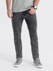 Spodnie męskie jeansowe slim fit z przeszyciem na kolanach - szary V3 OM-PADP-0109 - XXL. Szare spodnie materiałowe męskie Ombre Clothing, bez wzorów, z bawełny. W wyprzedaży za 69.99 zł.