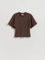 Taliowany t-shirt - brązowy. Brązowe t-shirty damskie Reserved, l, bez wzorów, z bawełny, bez kołnierzyka. Za 79.99 zł.