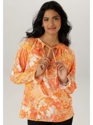 Aniston Bluzka w kolorze pomarańczowo-białym rozmiar: 44. Pomarańczowe bluzki damskie Aniston, bez wzorów, z wiskozy, bez kołnierzyka, bez ramiączek. Za 82.83 zł.