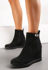 Czarne Botki z Ozdobą z Cyrkoniami Osadzone na Koturnie Calgrana. Czarne botki damskie Renee, z wełny, biznesowe, bez obcasa, na koturnie, bez zapięcia. Za 149.99 zł.
