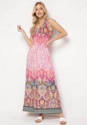 Jasnoróżowa Sukienka Boho na Lato ze Sznurkami na Ramionach i Gumką w Talii Aharleta. Czerwone sukienki damskie Born2be, na lato, l, bez wzorów, boho, bez kołnierzyka, bez ramiączek, maxi. W wyprzedaży za 51.99 zł.