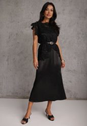 Czarny Bawełniano-Wiskozowy Komplet z Koronkową Bluzką i Satynową Sukienką Peisiete. Czarne sukienki damskie Renee, m, bez wzorów, z bawełny, eleganckie, z asymetrycznym kołnierzem, bez ramiączek, asymetryczne. Za 259.99 zł.