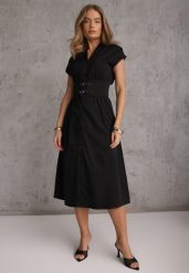 Czarna Sukienka na Guziki z Gorsetowym Panelem z Klamrami w Talii Frose. Czarne sukienki damskie Renee, na imprezę, l, bez wzorów, bez kołnierzyka, bez ramiączek, midi, gorsetowe. Za 129.99 zł.