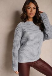 Jasnoniebieski Sweter z Wiskozą Ozdobiony Splotem Rialorae. Niebieskie swetry klasyczne damskie Renee, l, z wiskozy, bez kołnierzyka. Za 59.99 zł.